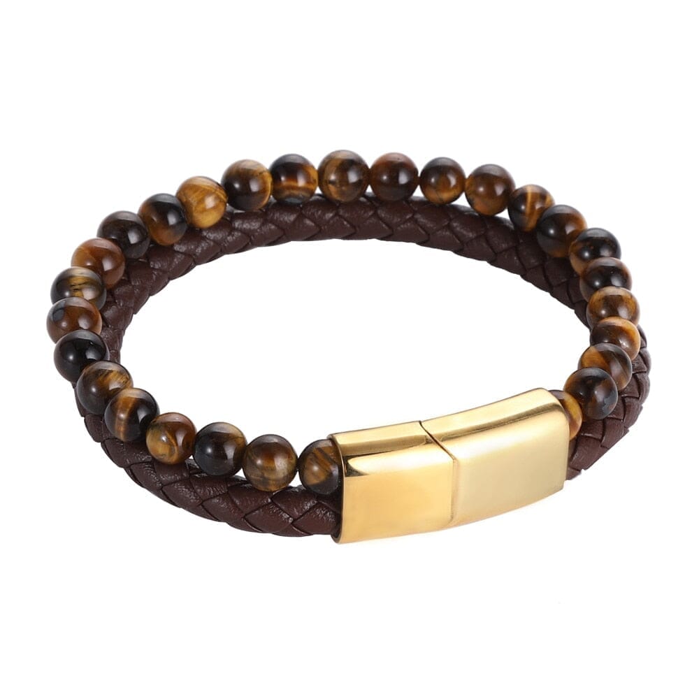 Yellow Tiger Eye in Genuine Leather BraceletBraceletGolden18.5cm