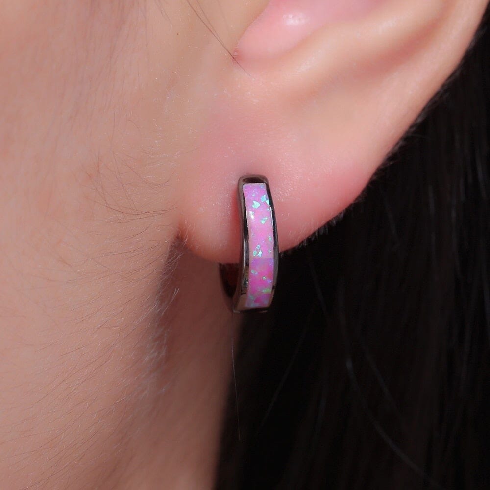 Fire Opal Hoop Earrings - White, Pink, Green, Blue and RainbowEarrings