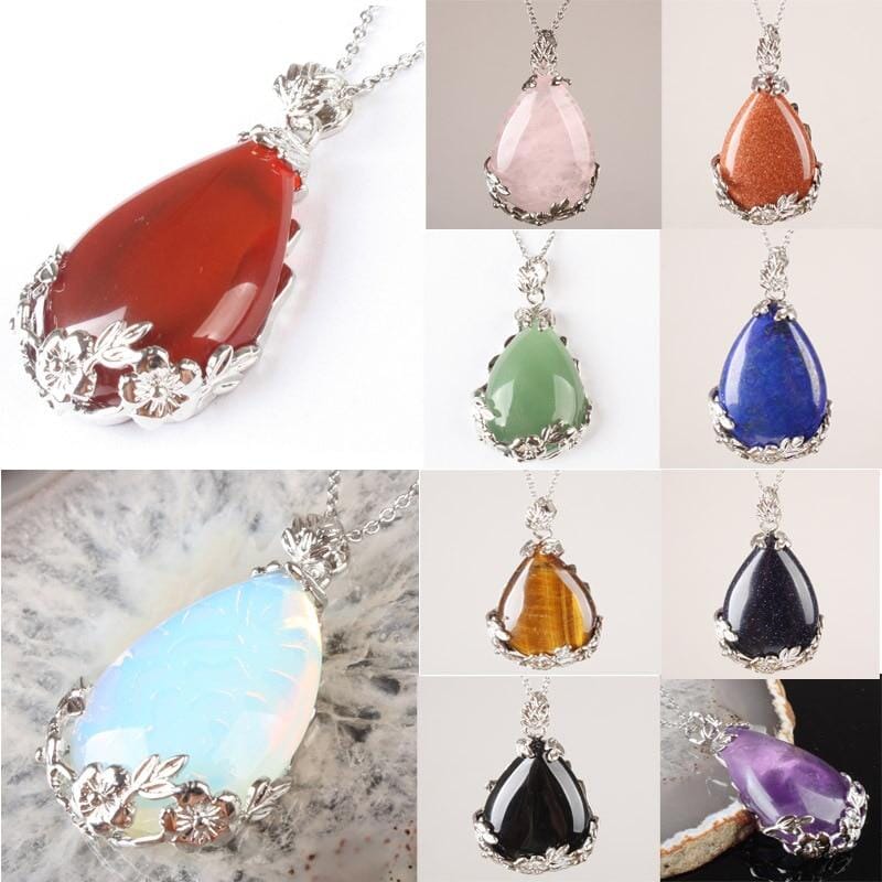 Teardrop Inlaid Flower Pendant Natural Healing Crystal (PENDANT ONLY)Necklace