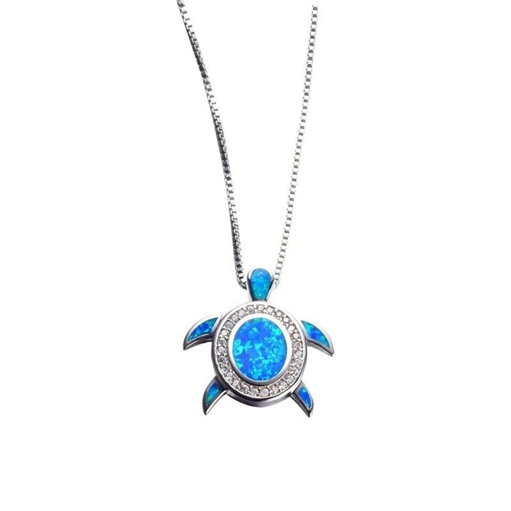Blue Fire Opal Silver Turtle Pendant NecklaceNecklace