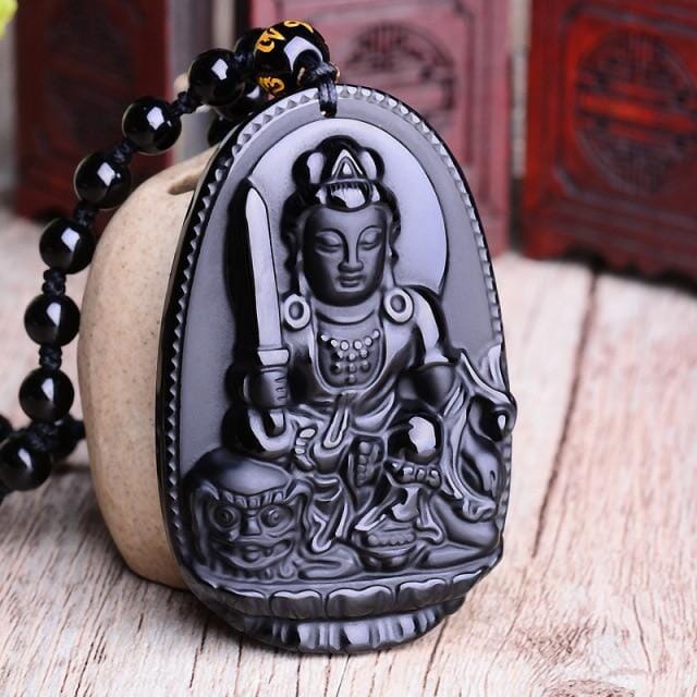 Black Obsidian Carved Buddha Lucky Amulet Pendant NecklaceNecklacewen shu