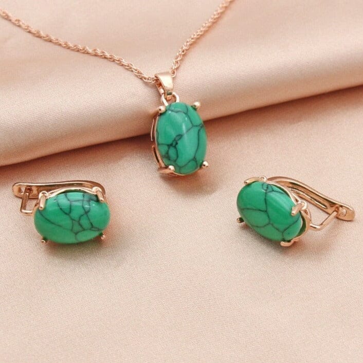 Fine Oval Egg-Shaped Synthetic Turquoise Jewelry Set - 585 Rose GoldEarringsRGGR48cm