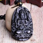Black Obsidian Carved Buddha Lucky Amulet Pendant NecklaceNecklaceqian shou guan yin