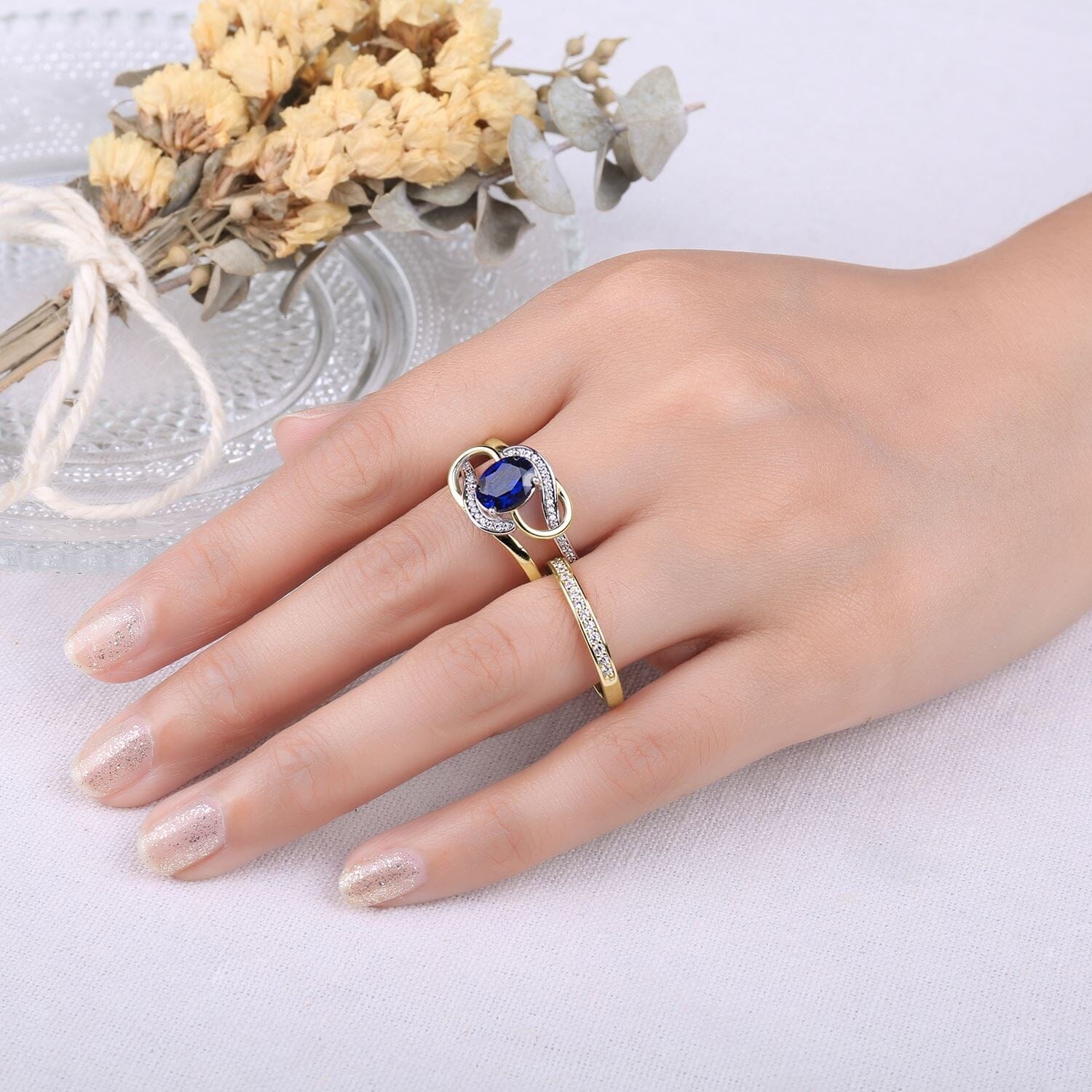 2Pcs Elegante Silver Gold Luxury Sapphire Ring - 925 Sterling SilverRing