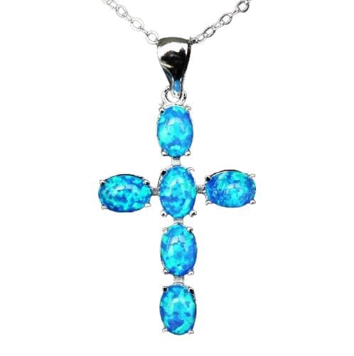 White & Blue Fire Opal Cross PendantNecklace
