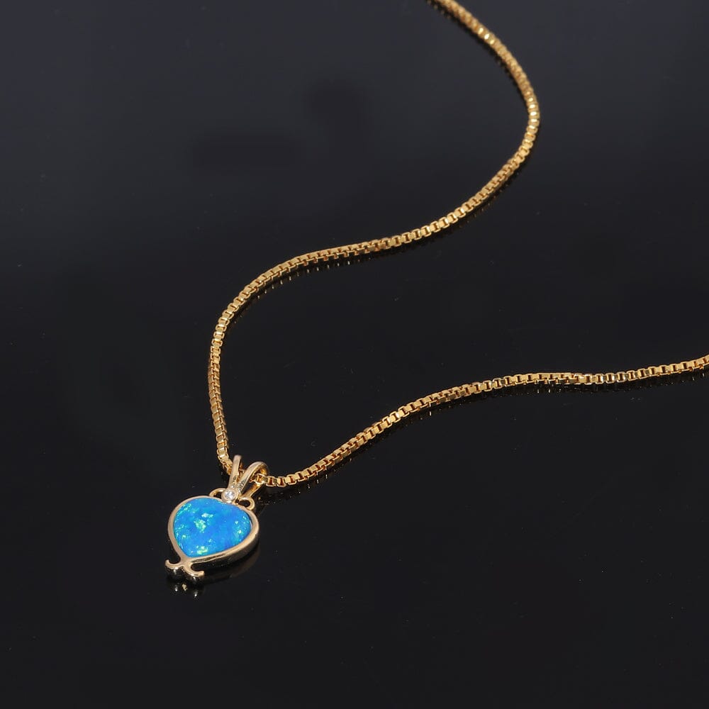 Blue White Fire Opal Heart Gold NecklaceNecklace