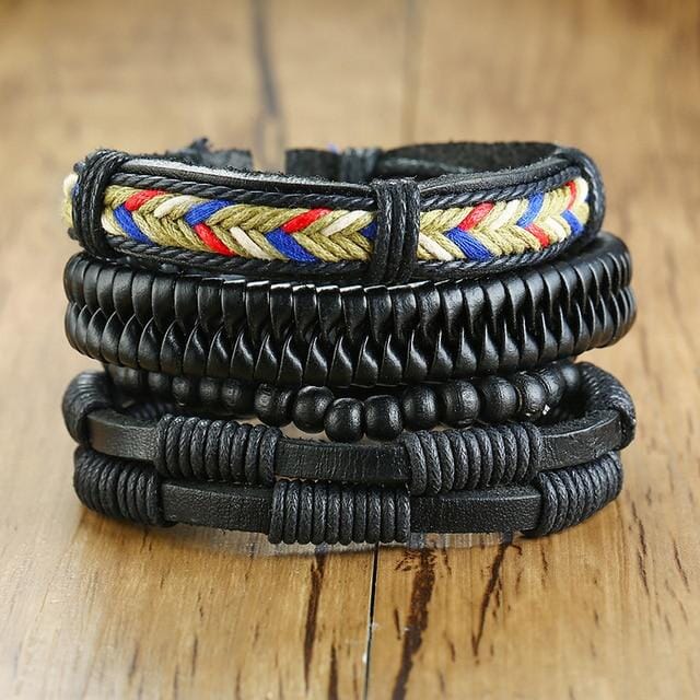 4Pcs/Set Braided Wrap Leather Bracelets for MenBraceletSet 6