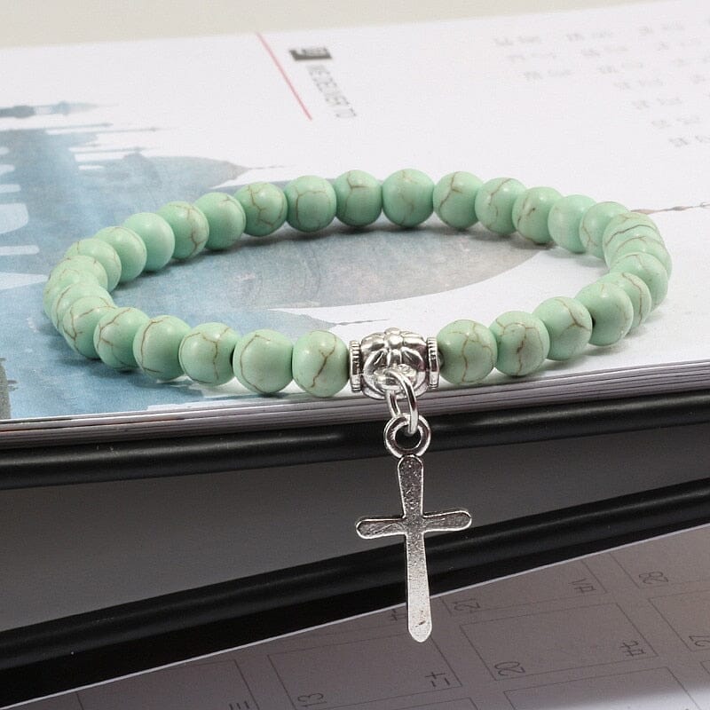 WWJD 6mm Boho Cross Natural Volcanic Stone BraceletBraceletApple Green17cm