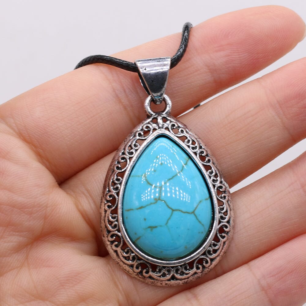 Natural Stone Water Drop Shape Pendant NecklaceHealing CrystalGreen Turquoise