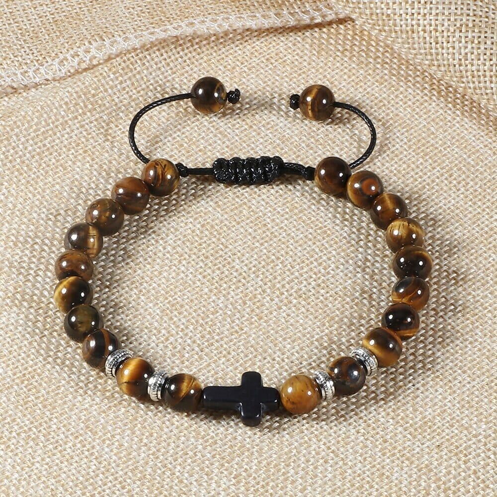 WWJD Energy Tiger Eye Stone Black Lava Cross Beads BraceletBraceletTiger Eye AdjustableChina