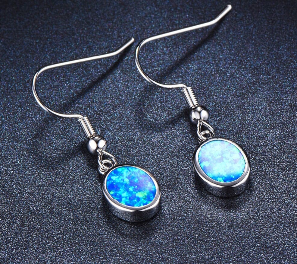 White and Blue Fire Opal Silver Dangle Earrings 1 1/4" - Hot Sell FashionEarrings
