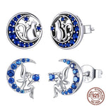 Crescent Moon Cat on the Moon Fairy Sapphire Stud Earrings - Genuine 925 Sterling SilverEarrings