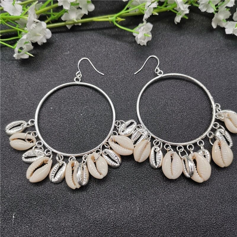 Fashion Puka Shell Circle Statement EarringsEarringsSilver Plated