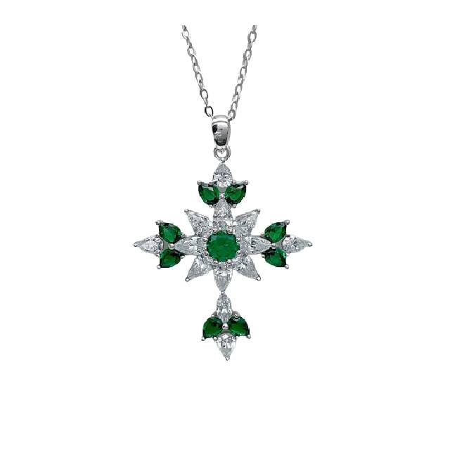 High Carbon Diamond Cross and Emerald Pendant Necklace - 925 Sterling SilverNecklace