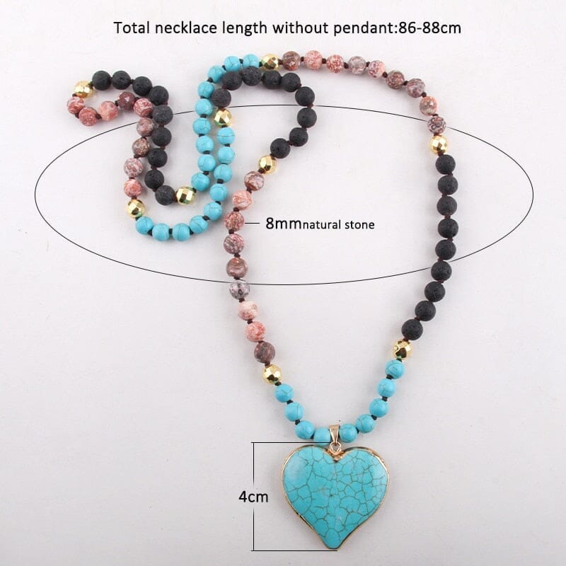 Fashion Bohemian 8mm Blue Stones Knotted With Stone Heart Turquoise Pendant NecklaceNecklace