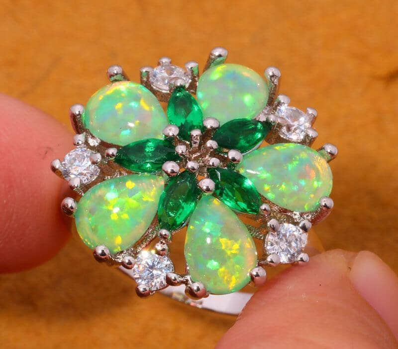 Green Fire Opal Silver Flower RingRing