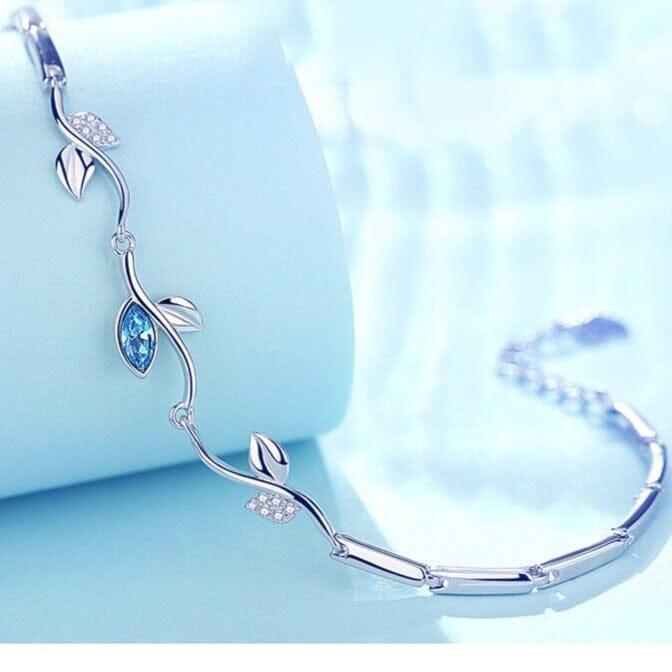 Sweet Shining Stone Leaf Charm Aquamarine Bracelet - 925 Sterling SilverBracelet