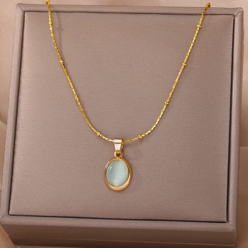 Pretty Elegant Stainless Steel Round Opal Necklace
