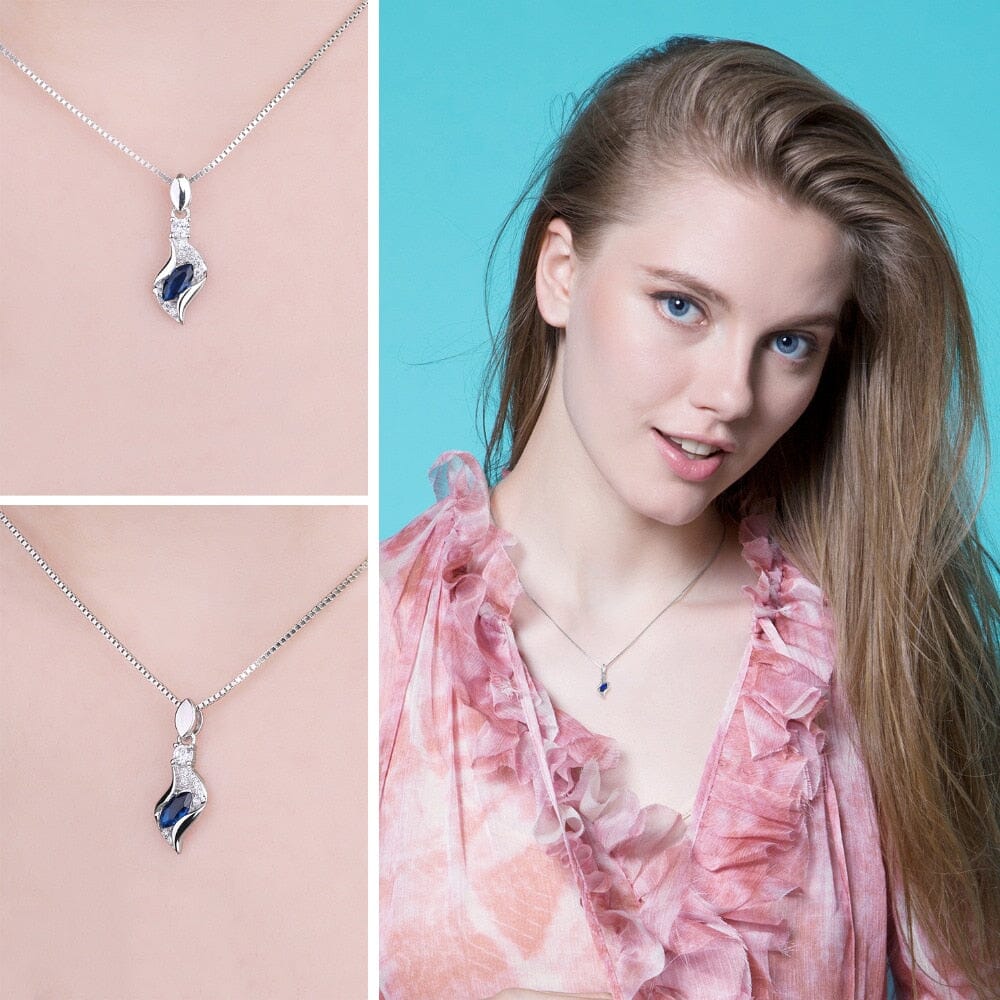 Unique Elegant Marquise Created Blue Sapphire Pendant Necklace ( No Chain )- 925 Sterling SilverNecklace