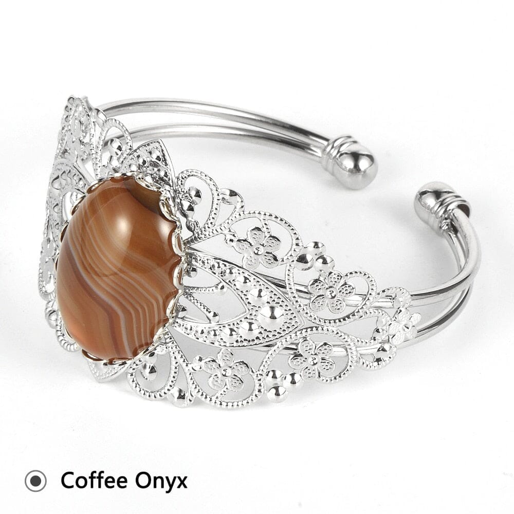 Coffee Onyx Labradorite Oval Gemstone Open BangleBraceletCoffee Onyx