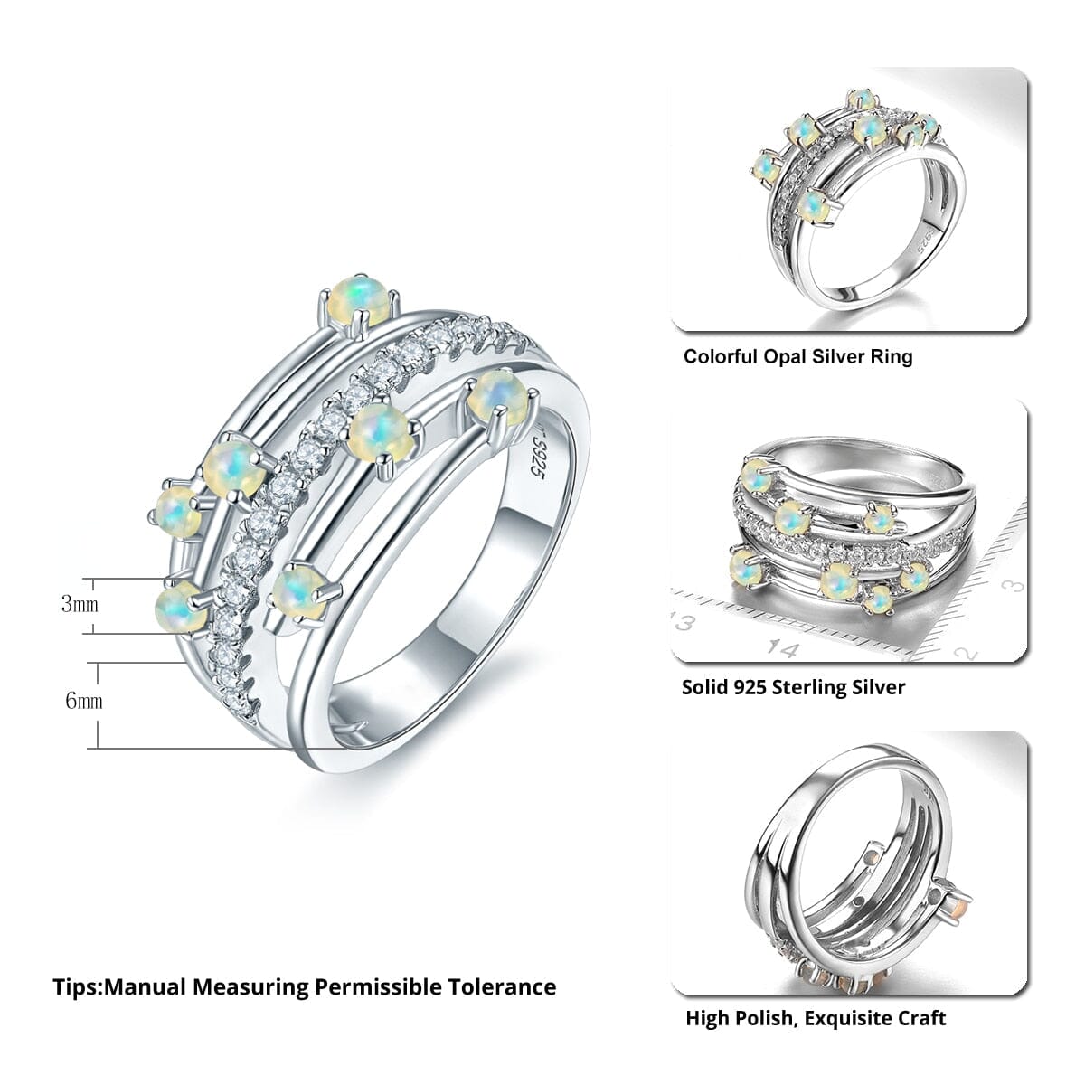 Classic Design Multiple Natural Opal Ring - 925 Sterling SilverRing