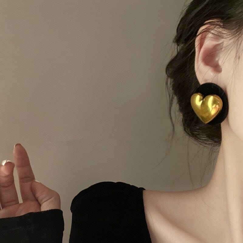 Big Black Round Gold Colour Heart Stud EarringsEarrings