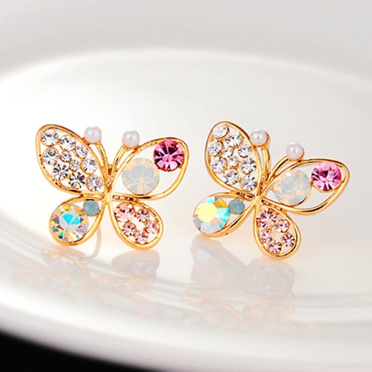 Fashion Vintage Colorful Rhinestone Gold Butterfly Pearl EarringsEarrings