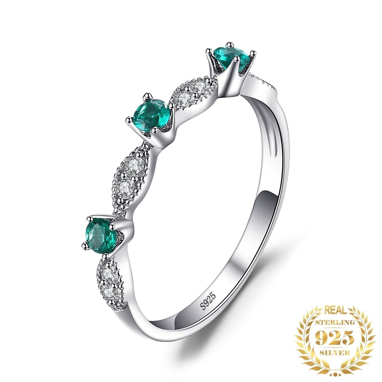 3 Stone Emerald Ring - 925 Sterling SilverRings9