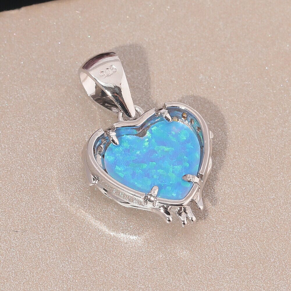 Blue and White Fire Opal Zircon Heart Necklace - 925 Sterling SilverPendant