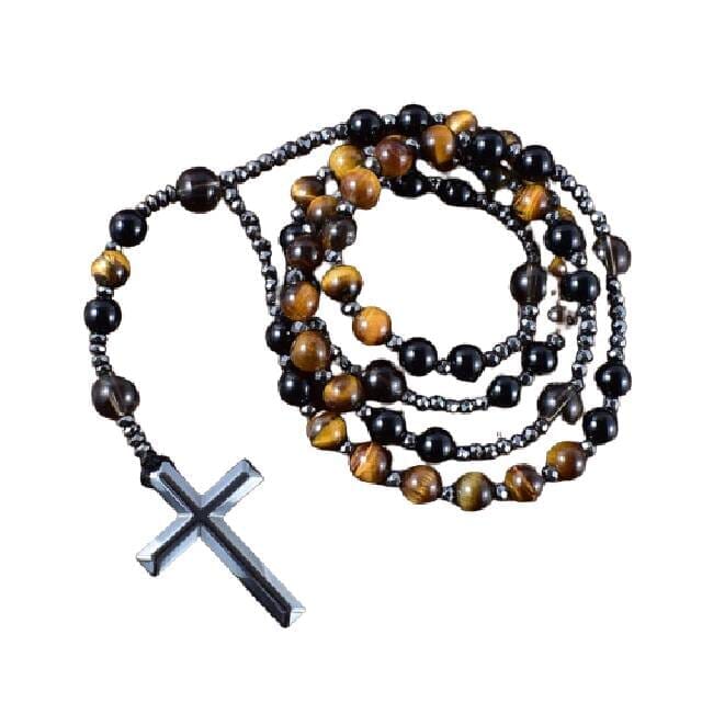 Natural Black Onyx With Tiger Eye Stone Catholic Christ Rosary NecklaceNecklace