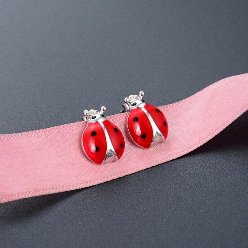 Red Enamel Cute Ladybug Insect Stud Earrings - 925 Sterling SilverEarrings