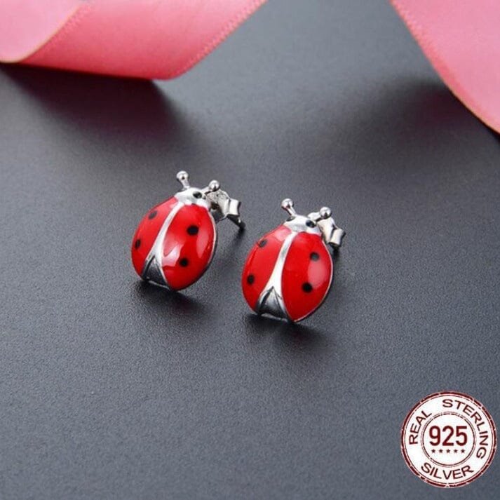 Red Enamel Cute Ladybug Insect Stud Earrings - 925 Sterling SilverEarrings