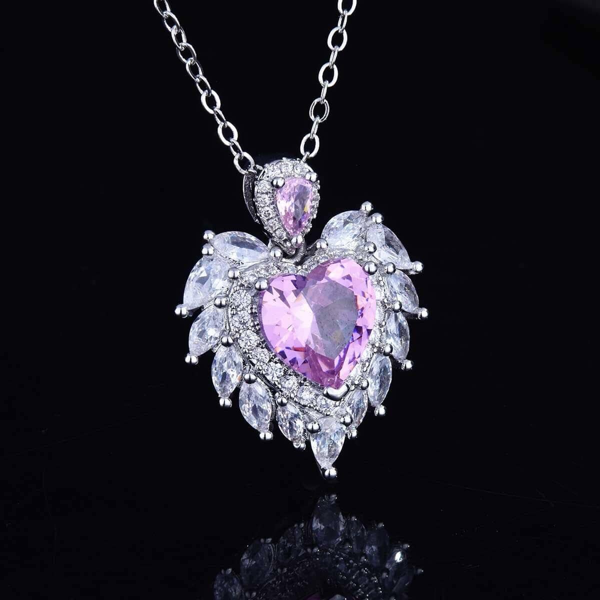 Luxury Temperament Design Angel Wing Simulated Aquamarine/ Amethyst Heart Necklace - 925 Sterling SilverNecklace