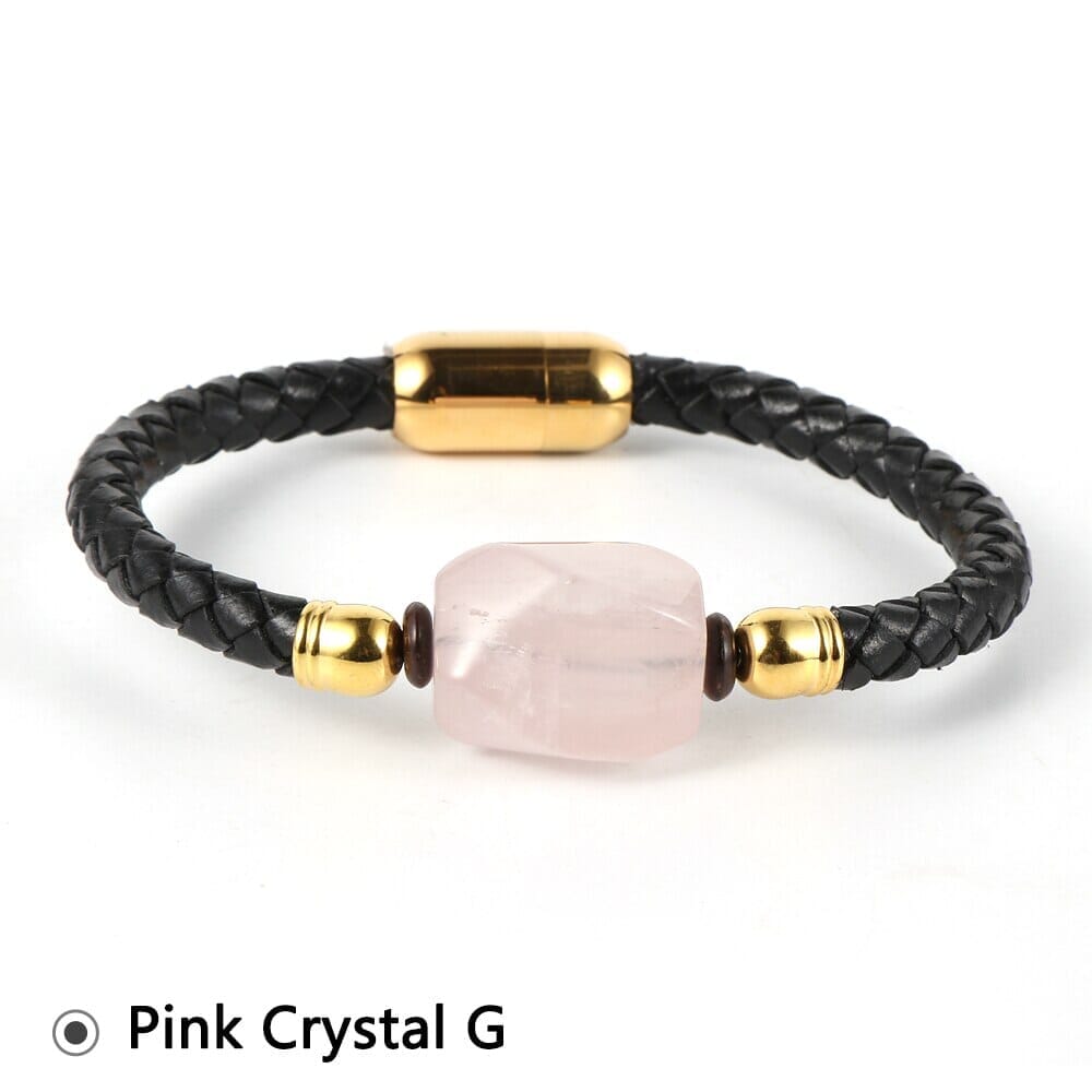 Tiger Eye and other Stones Genuine Leather Stainless Steel Buckle WristbandBraceletPink Crystal G18cm