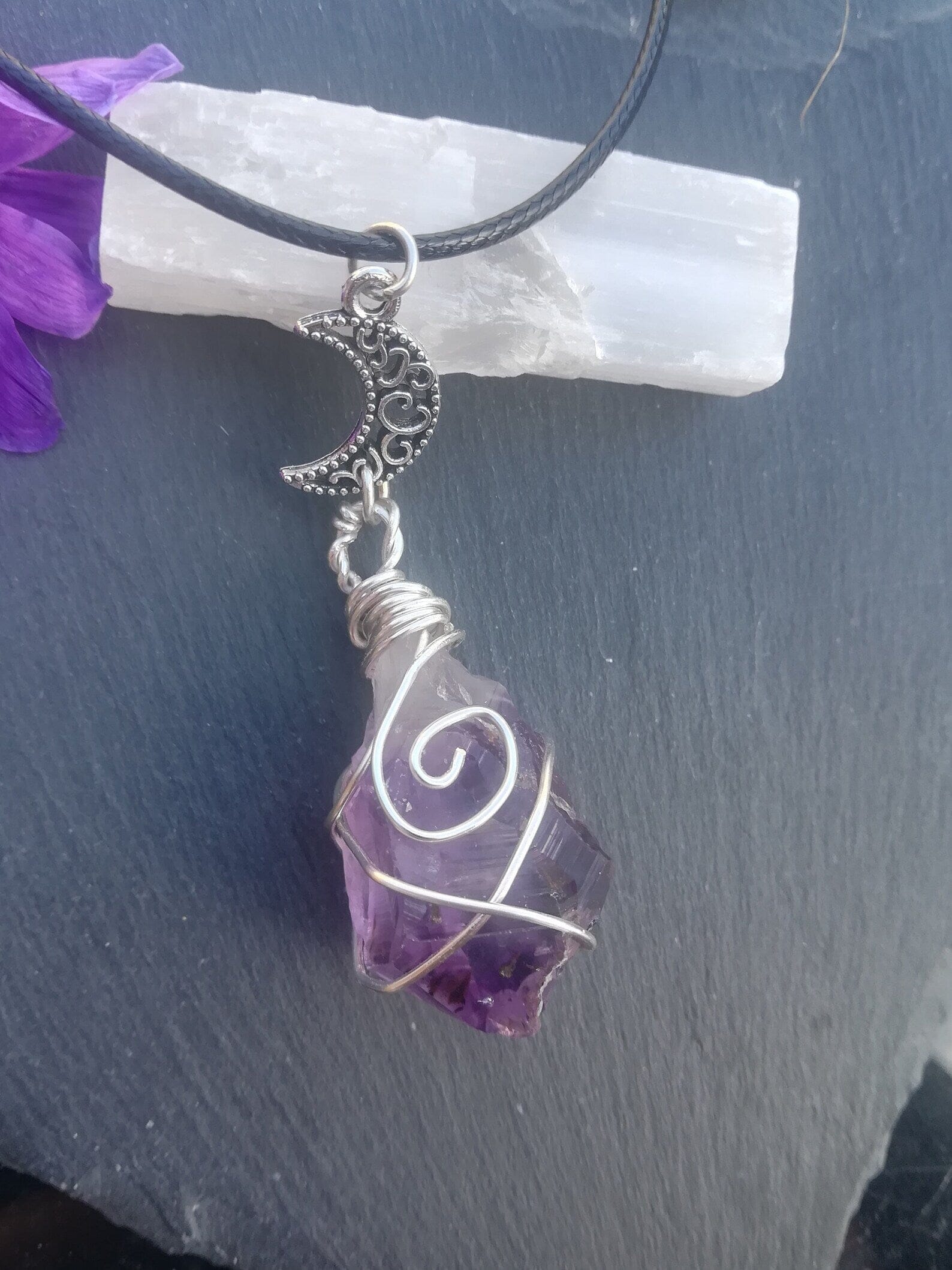 Amethyst Crystal Wire Wrapped Moon Gothic NecklaceNecklaceS3