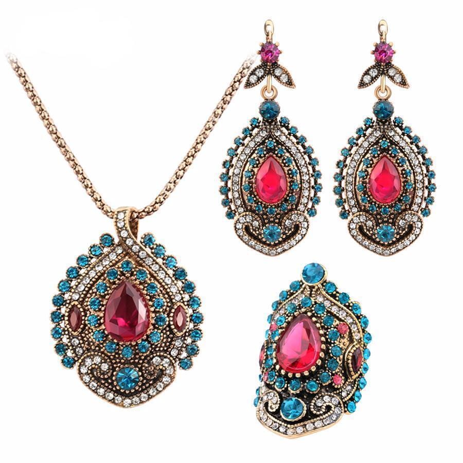 Antique Gold Plated Pink Tourmaline Crystal Turkish Jewelry Set (Necklace, Ring & Earrings)Jewelry Set3 pcs Ring Size 8