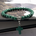 WWJD Vintage Cross Natural Stone 6mm Beads BraceletBraceletDark Green17cm