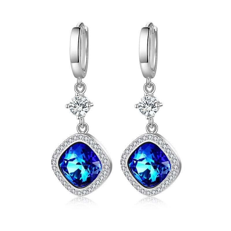 Lovely Sapphire Square Crystal Drop Earrings - 925 Sterling SilverEarrings