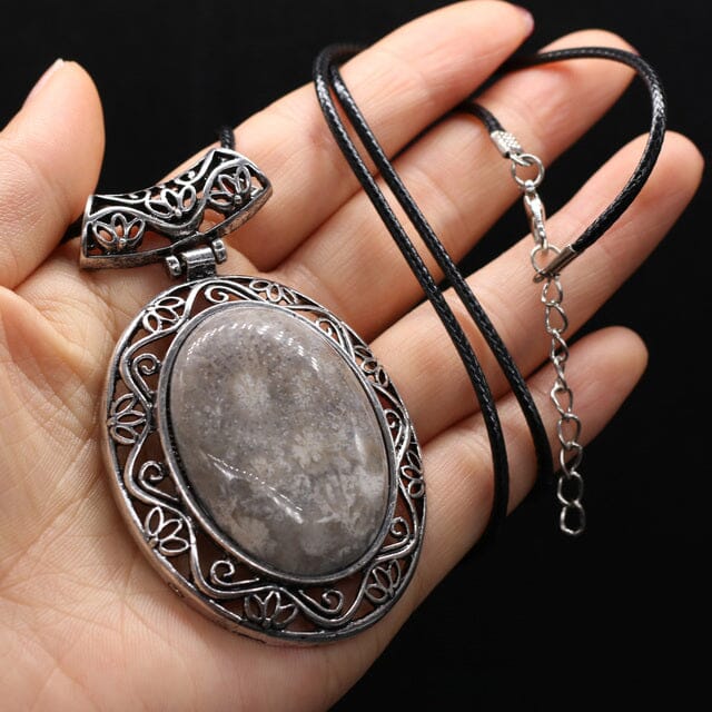 Natural Stone Oval Shape Pendant NecklaceHealing CrystalsCoral Jade