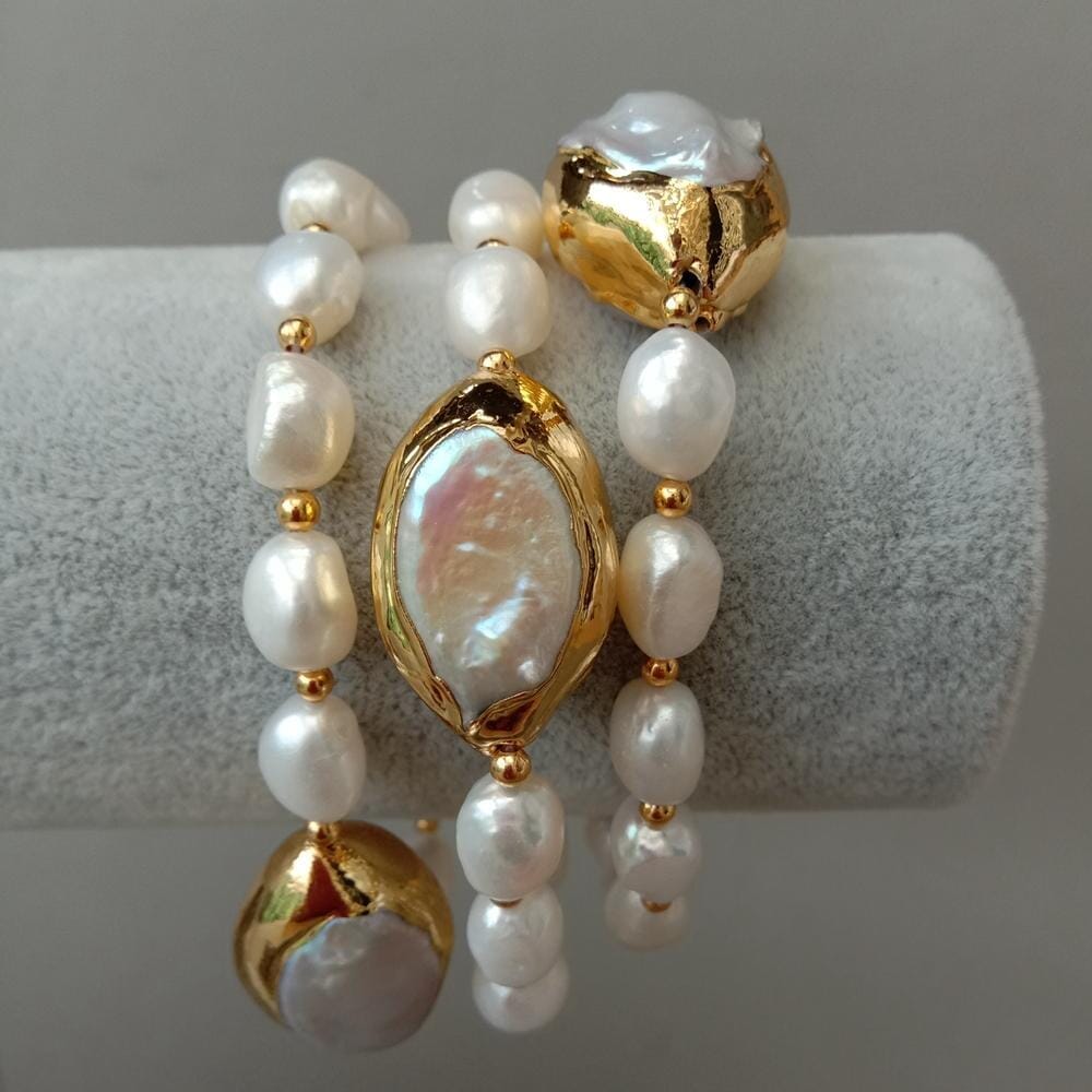 Rows Cultured White Baroque Freshwater Pearl Handmade BraceletBracelet