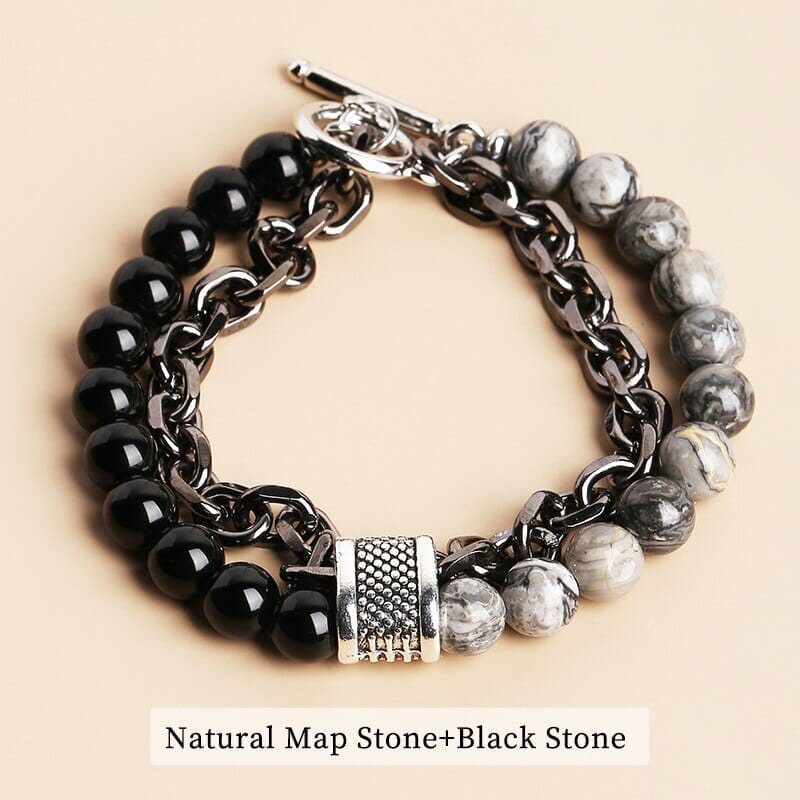 Natural Tiger Eye Stone Beaded Stainless Steel BraceletBraceletMap Stone Smooth