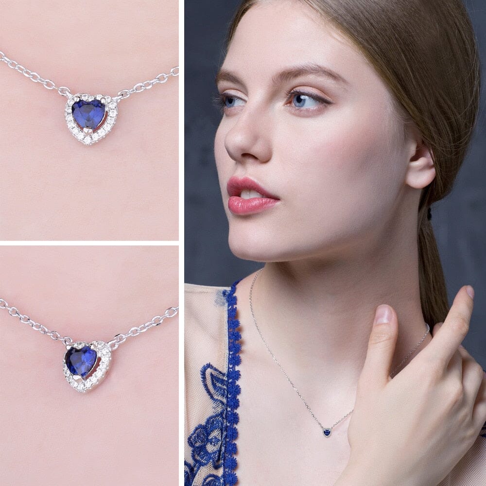Heart Created Blue Sapphire Necklace - 925 Sterling SilverNecklace