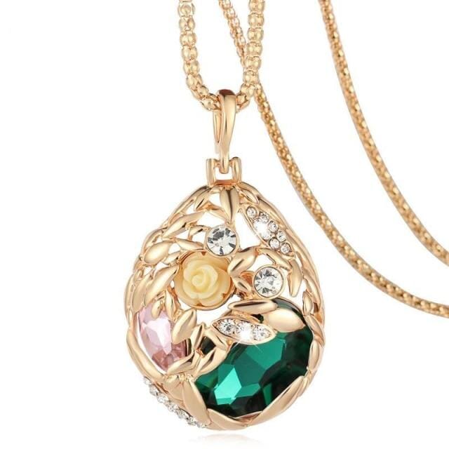 Gold Plated Popcorn Chain Austrian Crystal Jewelry Pendant NecklaceNecklaceGreen