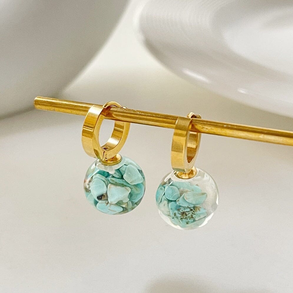 Unique Gold Plated Stainless Steel Transparent Ball Turquoise Hoop EarringsEarrings