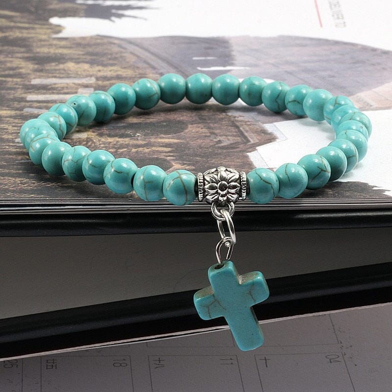 WWJD Vintage Cross Natural Stone 6mm Beads BraceletBraceletBlue17cm