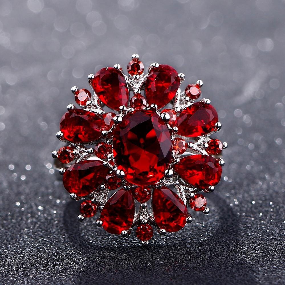 Scarlet Garnet Flower Ring - 925 Sterling SilverRing