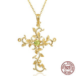 Cross Vine Flower Peridot Pendant Necklace- 925 Sterling SilverNecklace