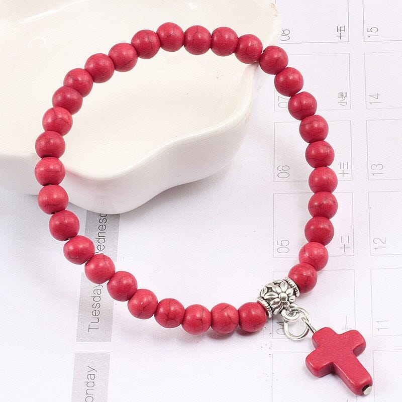 WWJD Vintage Cross Natural Stone 6mm Beads BraceletBracelet