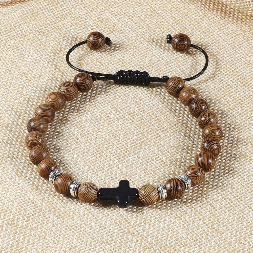 WWJD Energy Tiger Eye Stone Black Lava Cross Beads BraceletBraceletWooden AdjustableChina