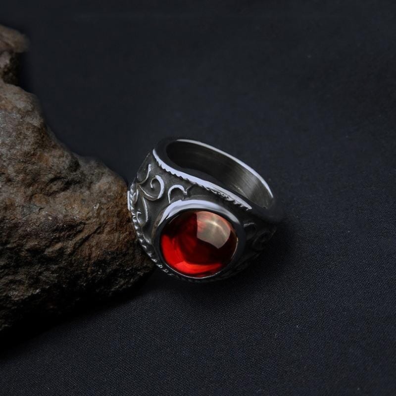 Vintage Mayan Inlaid Ruby Corundum Steel Ring for MenRing